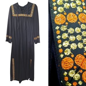 Vintage 70s Maxi Dress Black Gold Orange Embroidered Boho Hippie Disco Sz Small
